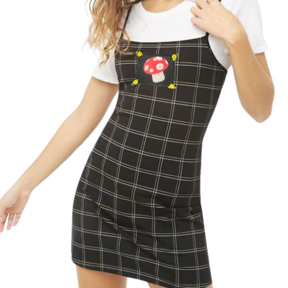 90s Grunge Whimsygoth Mushroom Black Plaid Mini Dress Medium